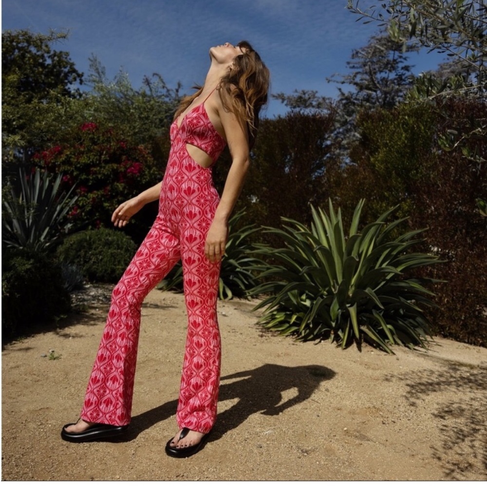 Zara Blogger Jacquard Cut Out Flare Leg Jumpsuit In Pink & Red